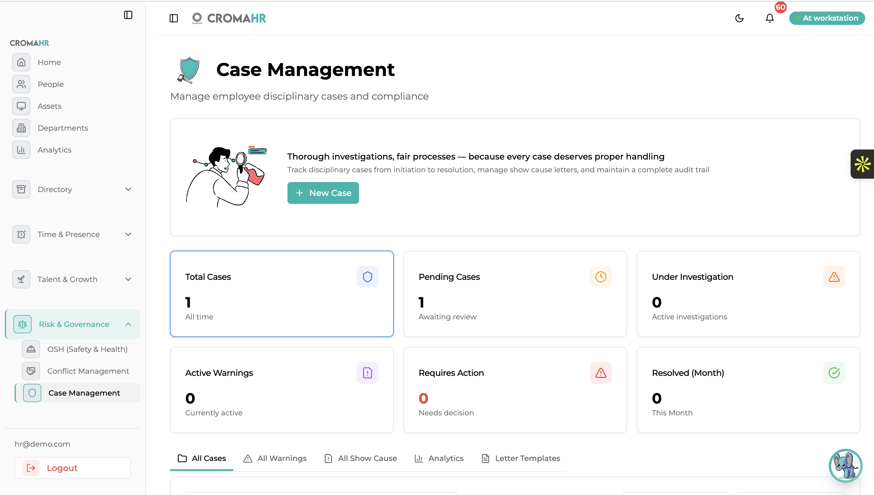 Employee case management workspace with owners, actions and case history