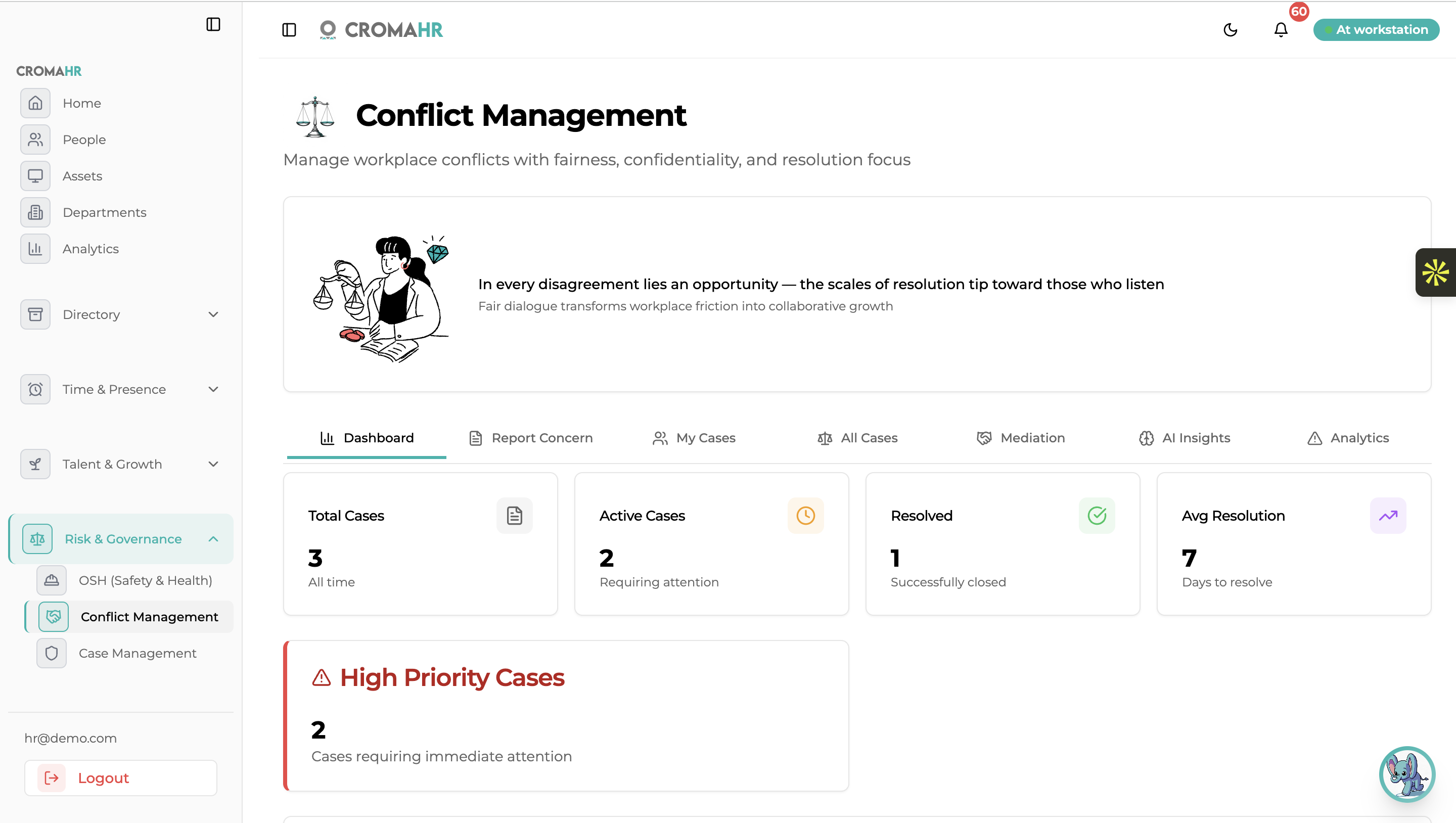 Conflict management workflow with mediation, actions and follow-up dates