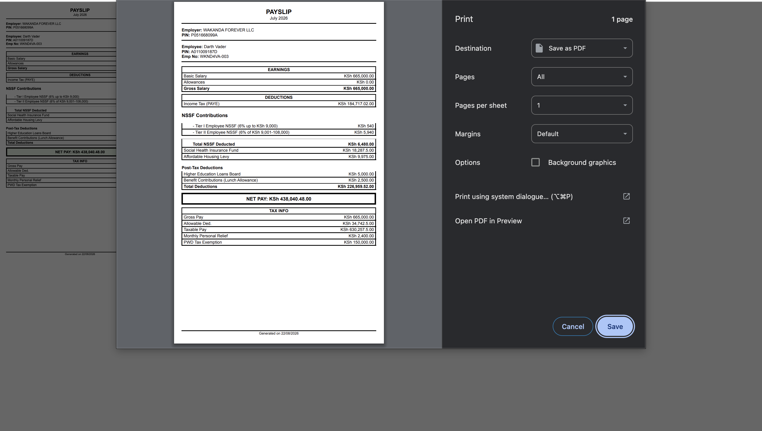 Employee self-service portal with payslips, tax obligations and net pay details