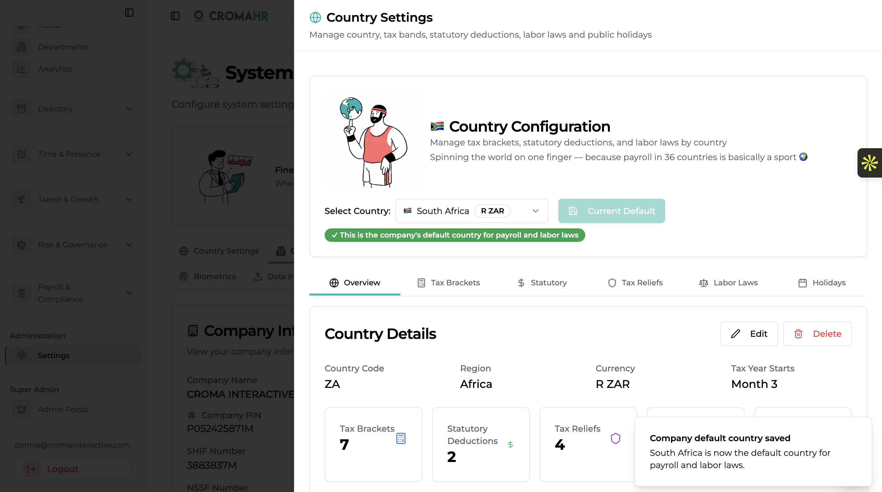 Multi-country HR settings with local statutory configurations