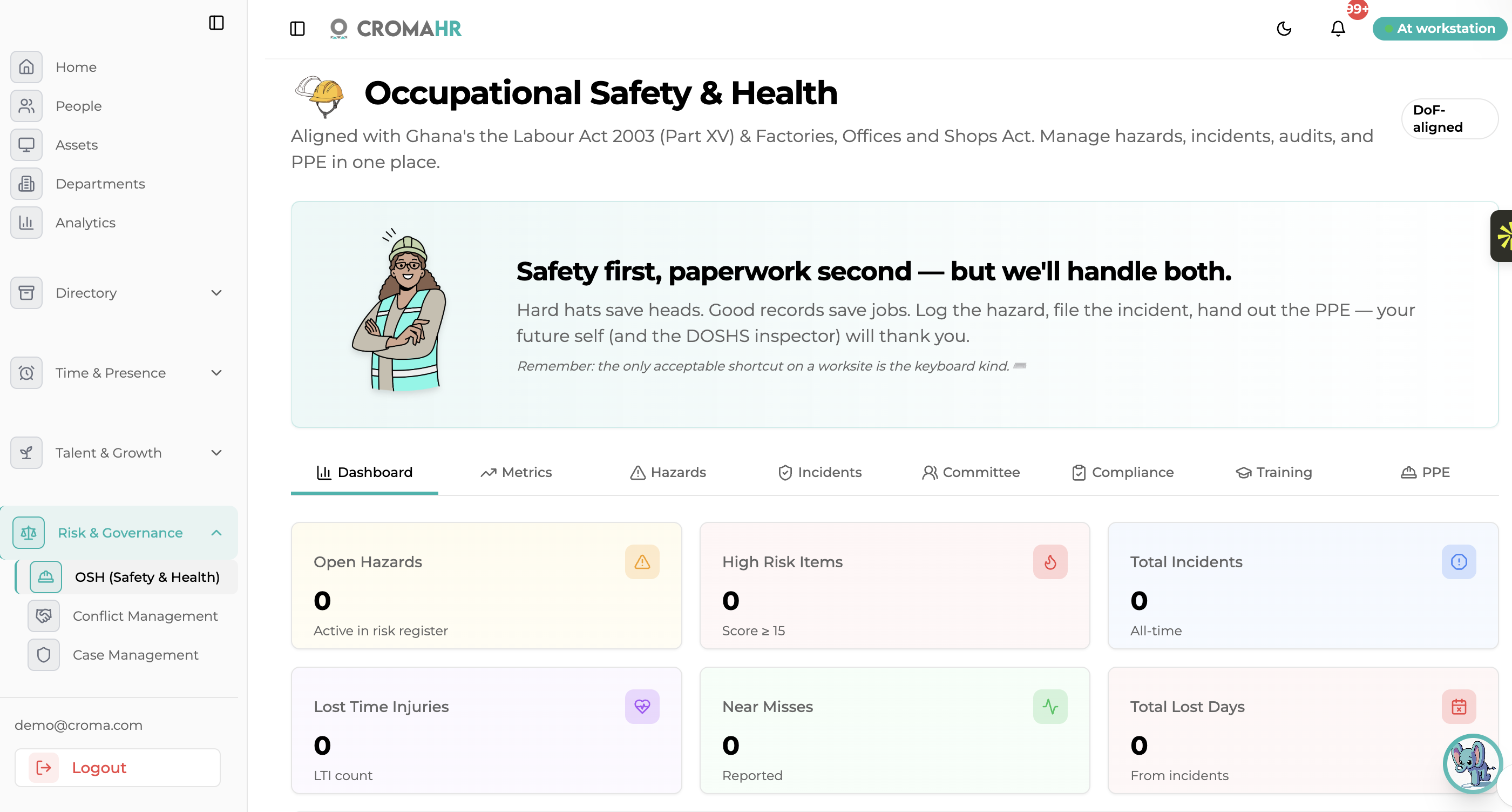 Occupational Safety and Health dashboard with hazards, incidents, compliance and training