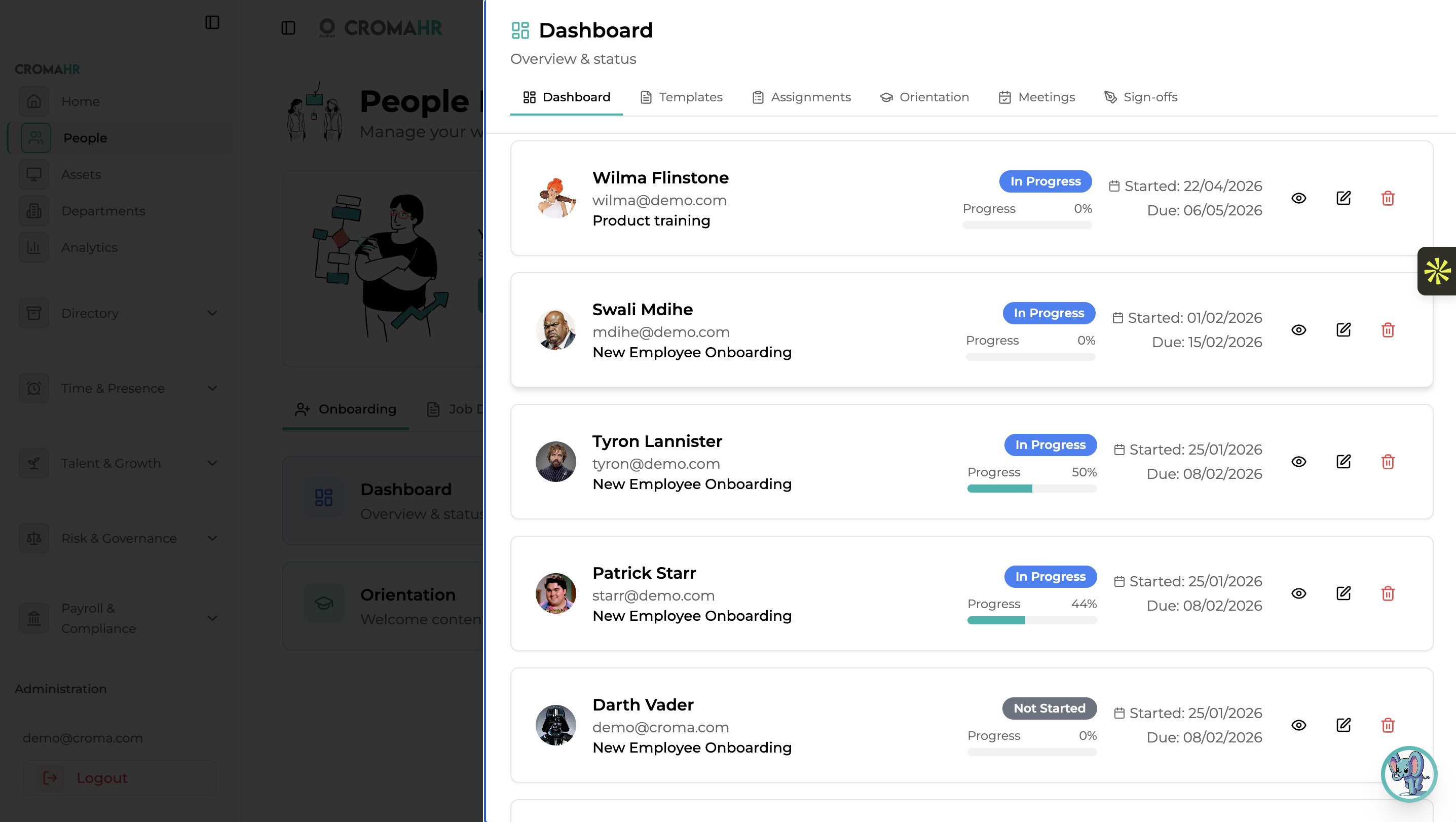 Onboarding progress dashboard with visual progress bar