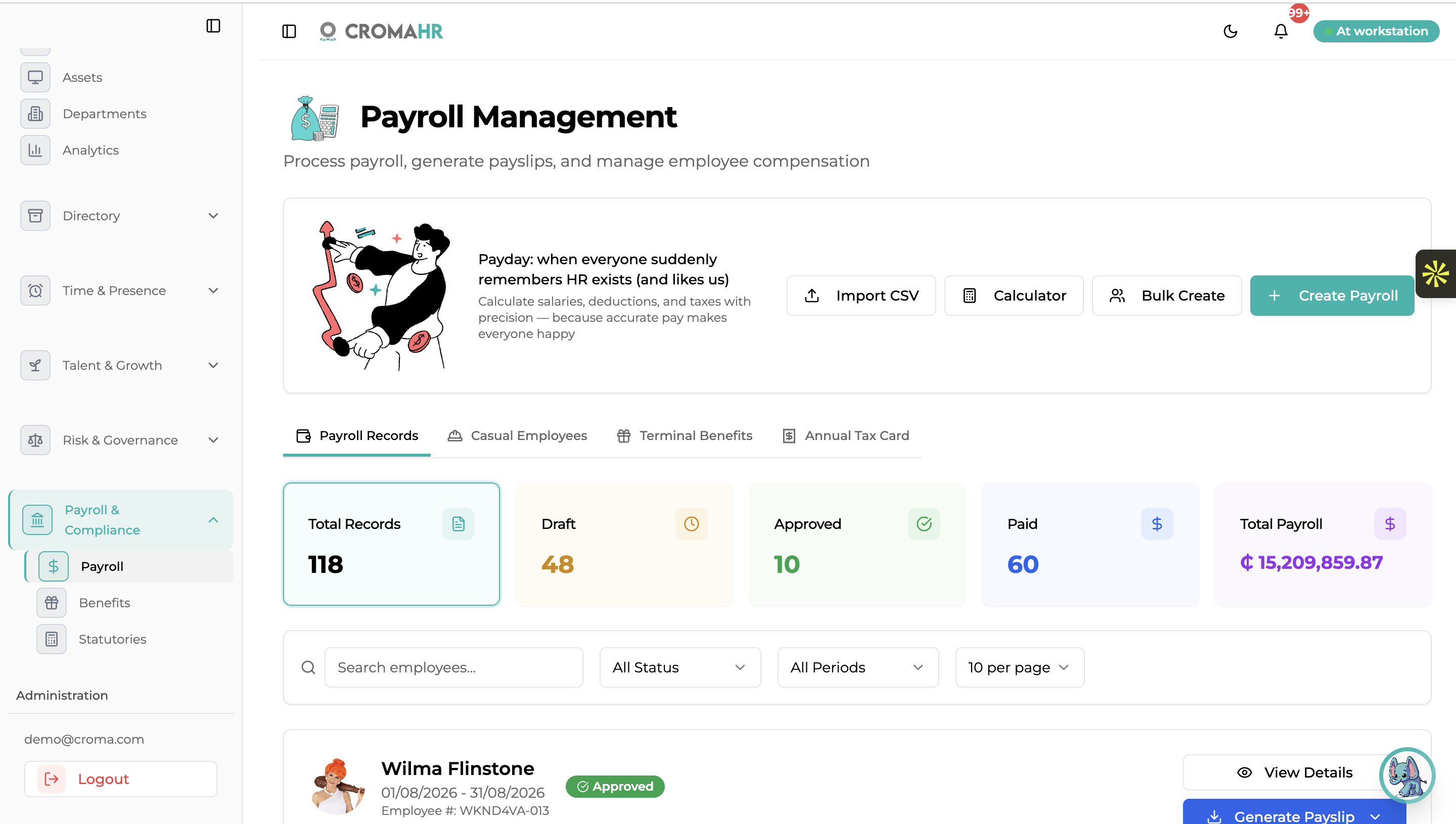 Payroll Management dashboard with statutory calculations, bulk runs and per-employee customisation