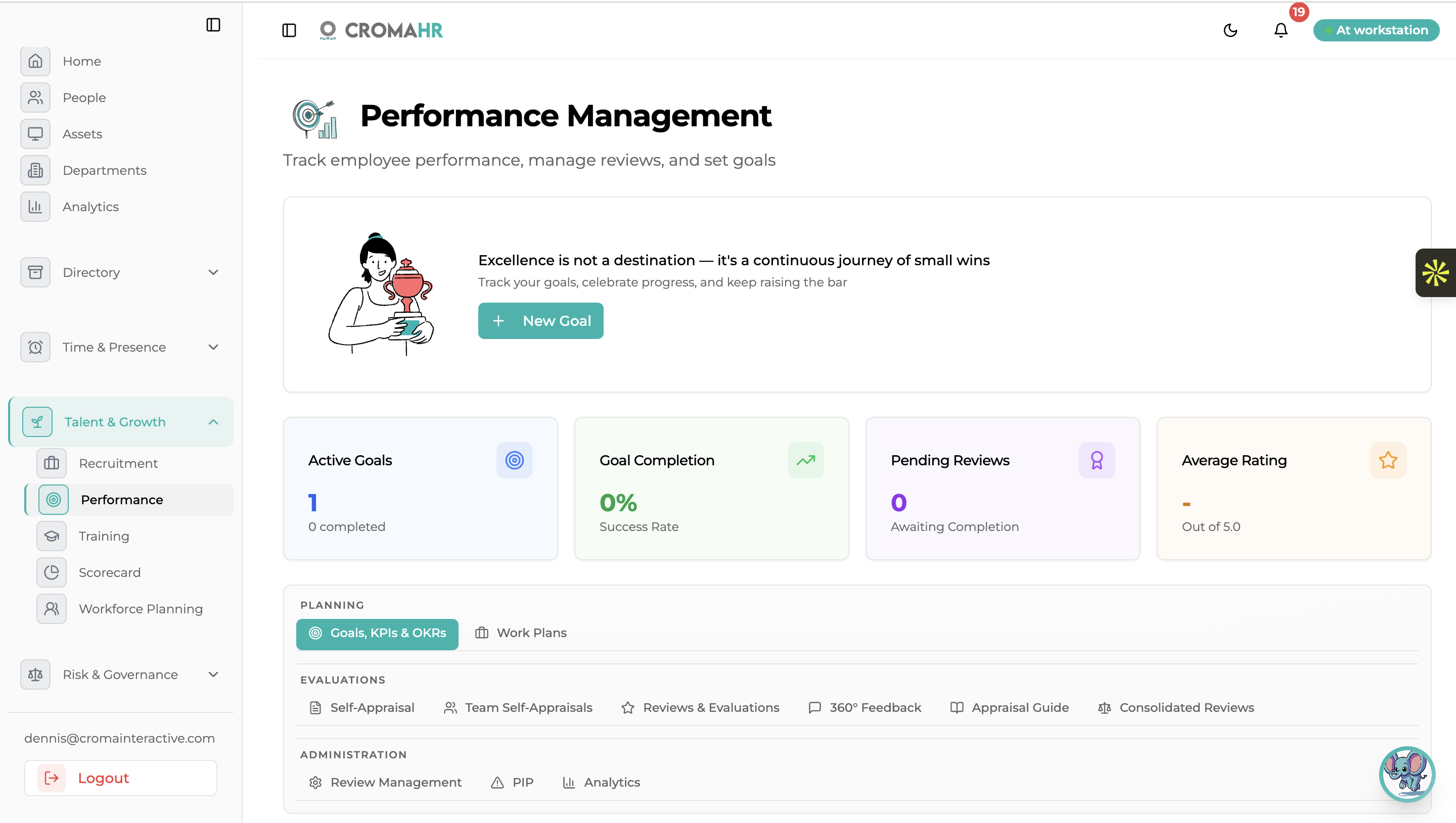 Performance Management dashboard with goals, reviews and employee metrics