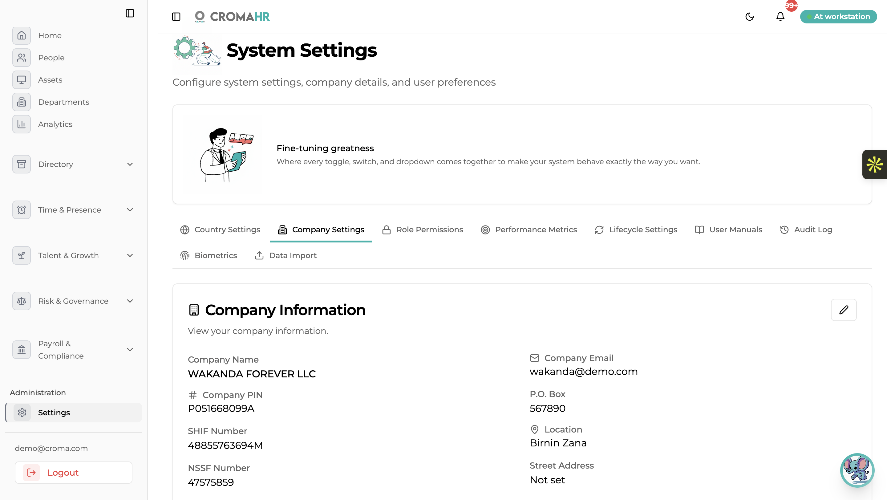 Administration console for country, company, roles and workflow settings