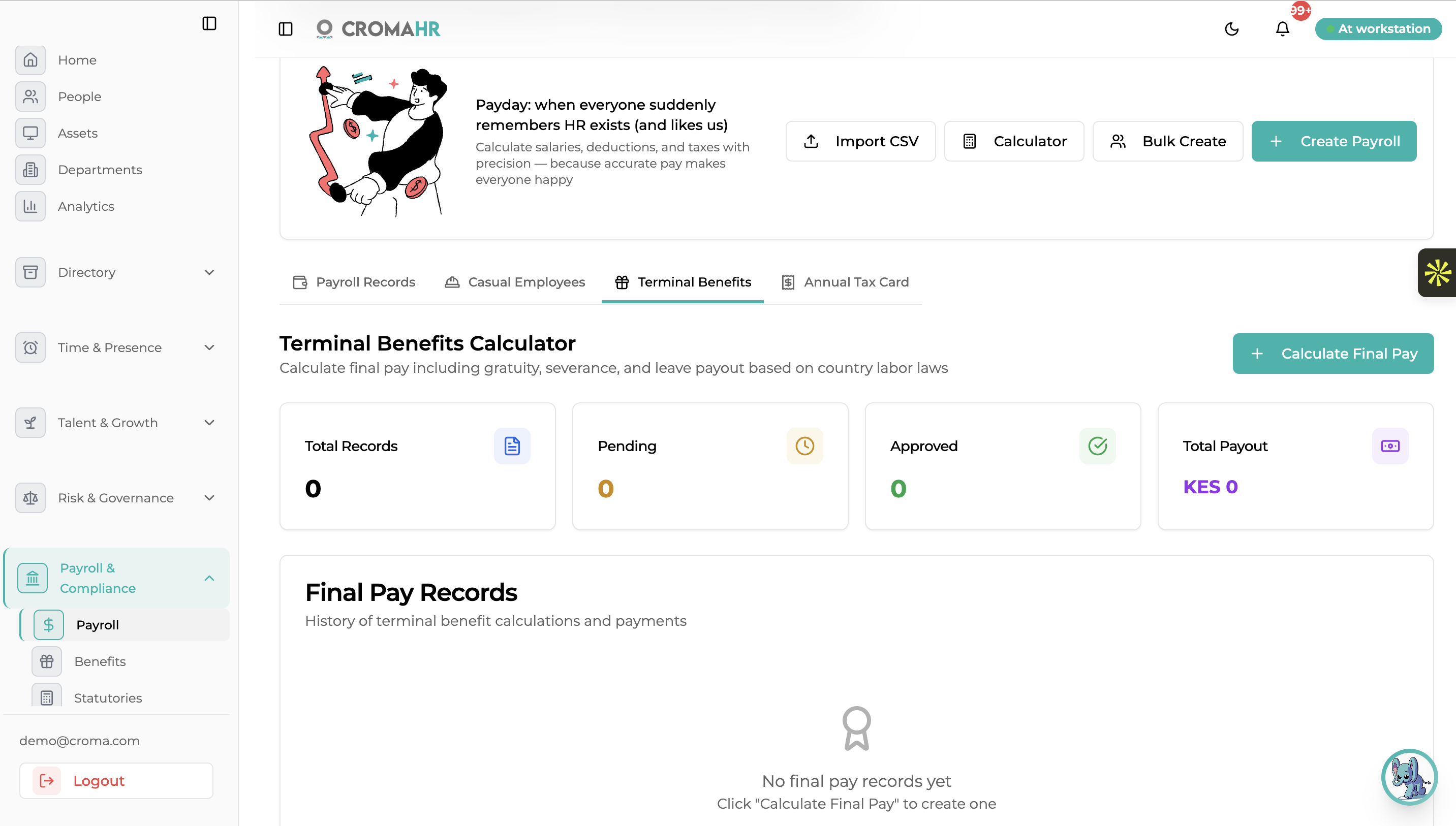 Terminal Benefits Calculator with service pay, gratuity, leave payout and notice-in-lieu