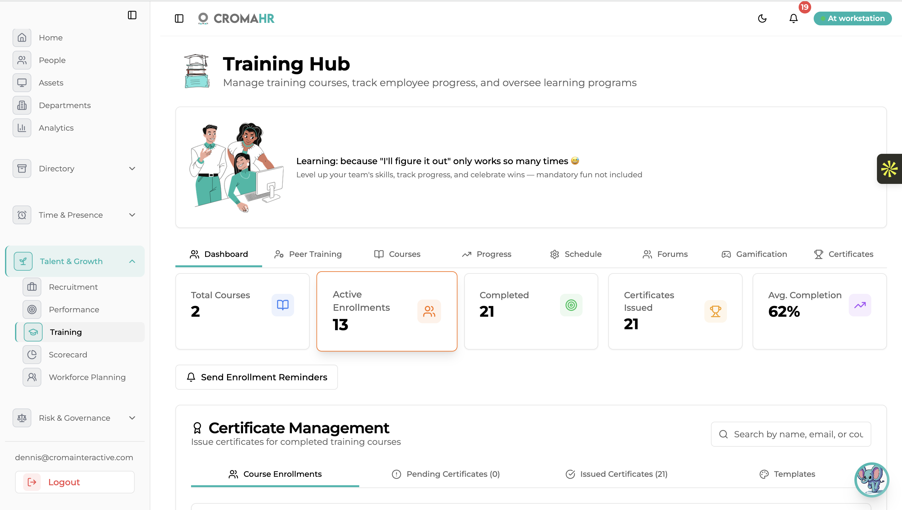 Training Hub dashboard with courses, enrollments, progress and certificates