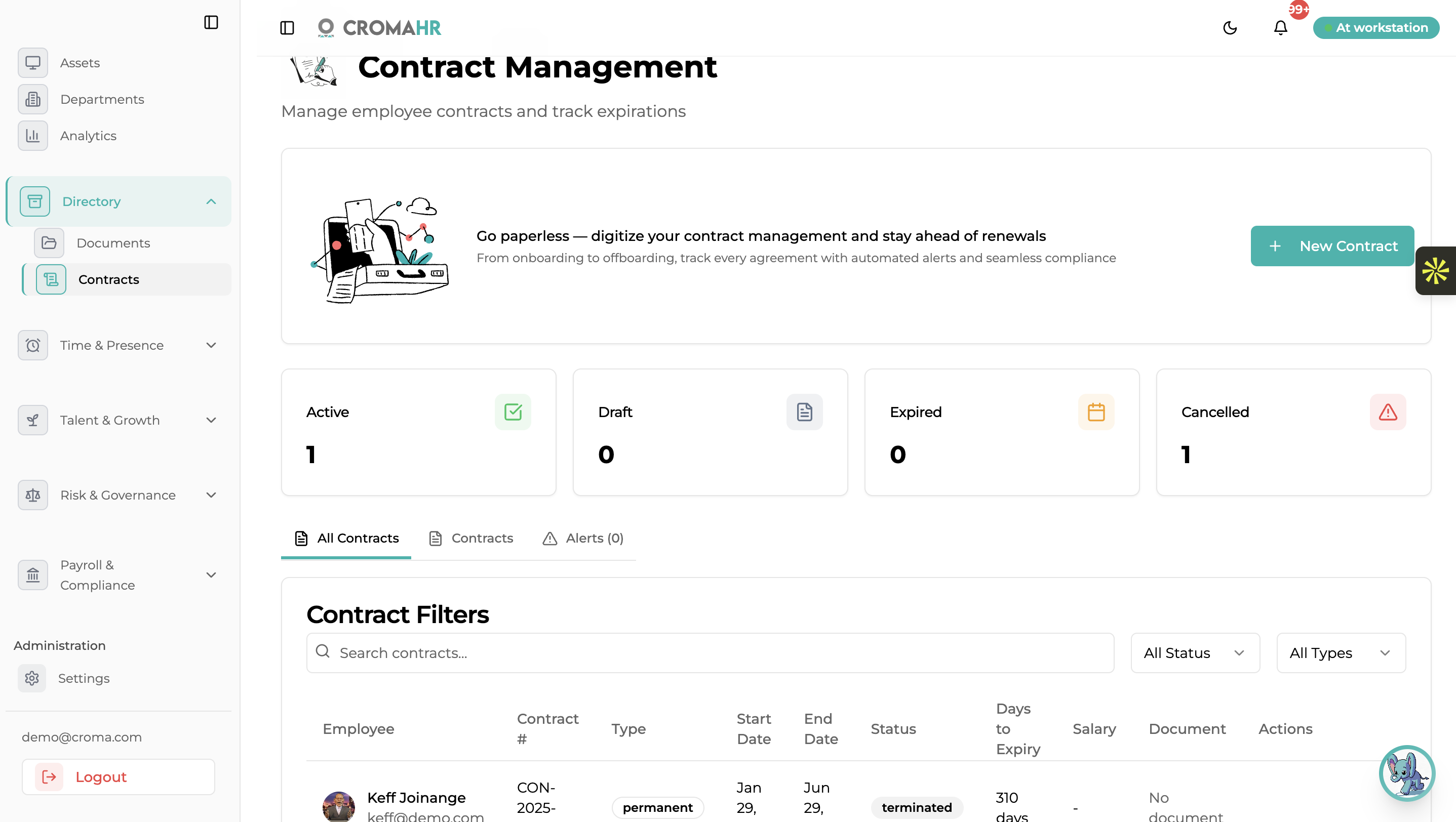 Contract management with status tiles